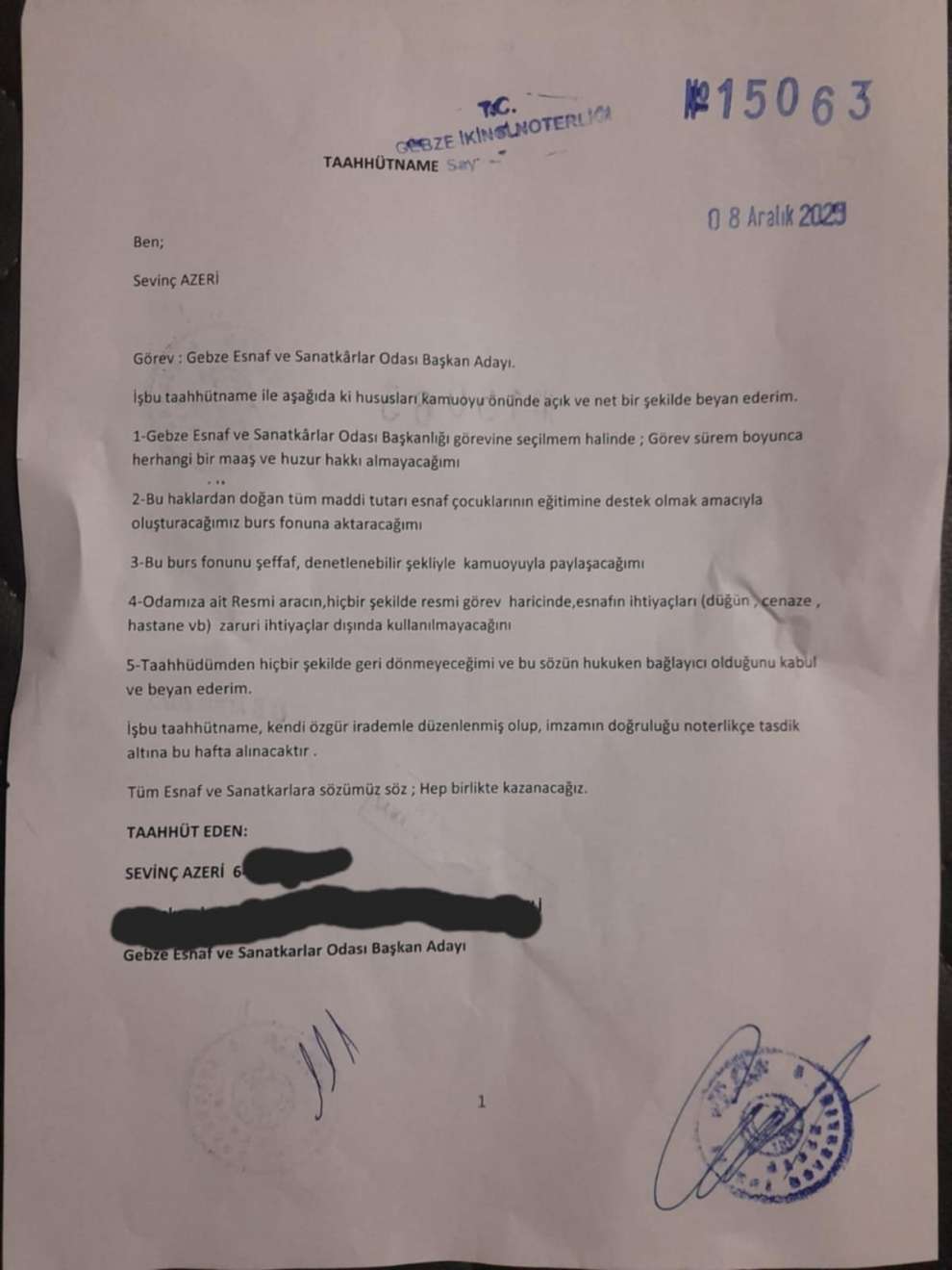 Sevinç Azeri , vaatlerini noterden onaylattı