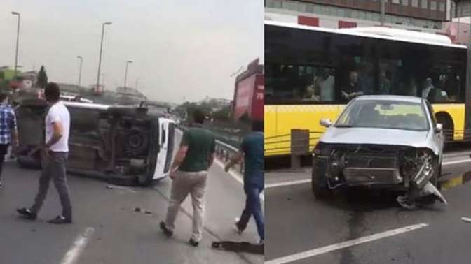 Takla atan araç metrobüs yoluna girdi!