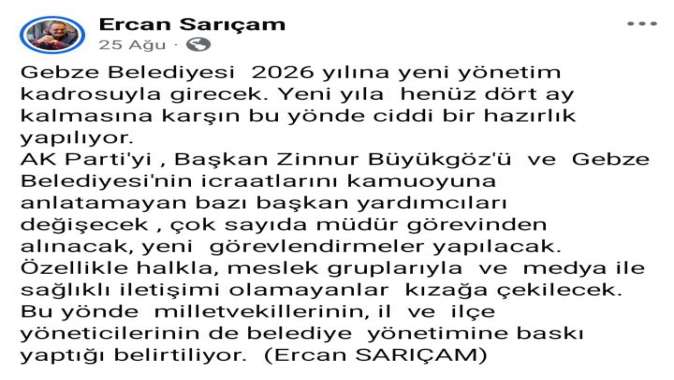 Gebze Belediyesi'nde beklenen değişim oldu.